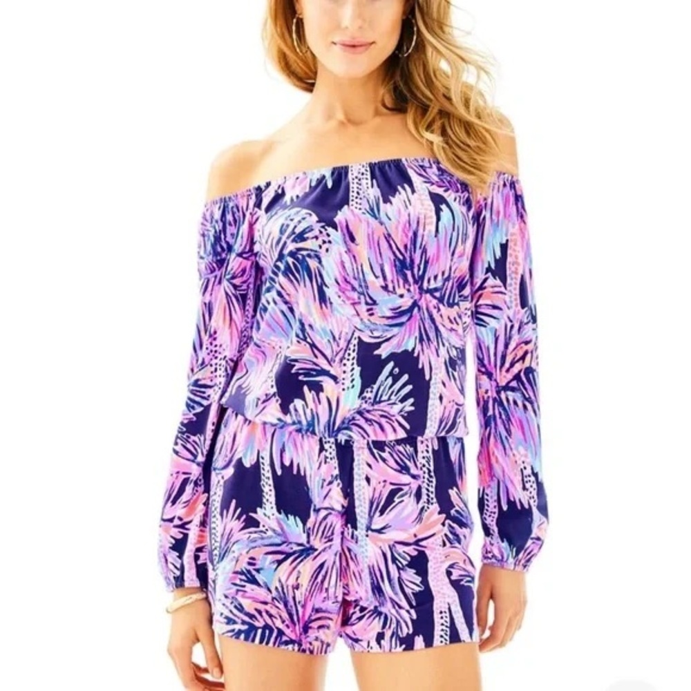 LILLY PULITZER Lana off shoulder romper in Bright Navy Palms - Picture 2 of 9